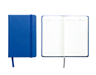 A blue leather journal, closed and open, showing blank lined pages and ribbon bookmark