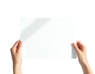 Two hands holding a clean white sheet of paper against a solid black background