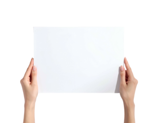 Two hands delicately holding a blank rectangular white sheet against a solid black background