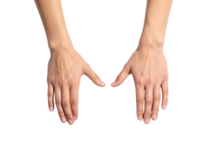 Two hands with fingers extended, forming a V-shape with black background