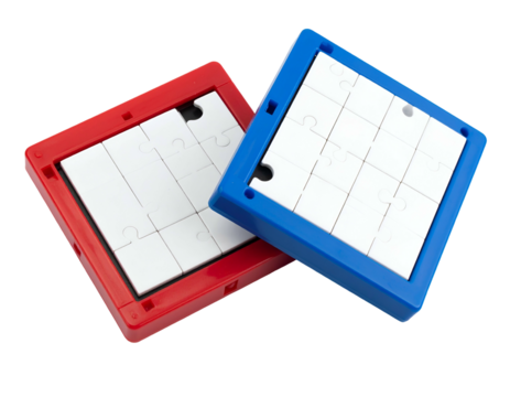Two plastic square puzzles, one red, one blue, showing white jigsaw pieces