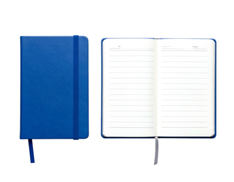A blue leather journal, closed and open, showing blank lined pages and ribbon bookmark