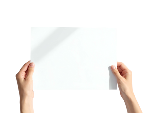 Two hands holding a clean white sheet of paper against a solid black background