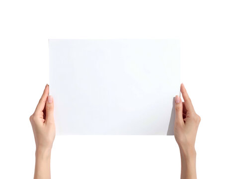 Two hands delicately holding a blank rectangular white sheet against a solid black background