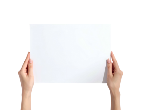 Two hands delicately holding a blank rectangular white sheet against a solid black background