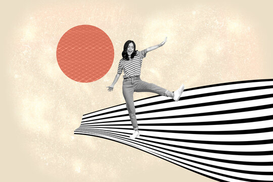 Fototapeta Collage of stylish person with hypnotic swirl and geometric pattern black white waves background in modern pop style