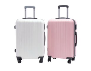 Two upright suitcases, one white, one pink, both with retractable handles and wheels