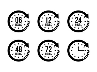 06, 12, 24, 48, 72 Hours Clock Arrow Vector Icon for Work, Delivery, and Service Time Symbol, Isolated on White Background