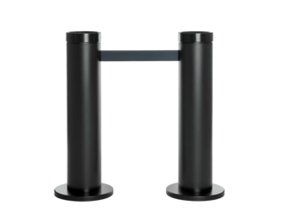 Two black vertical posts connected by a retractable gray belt, designed for crowd control