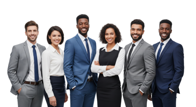 Diverse business team of people smiling and standing confident isolated on white or transparent background