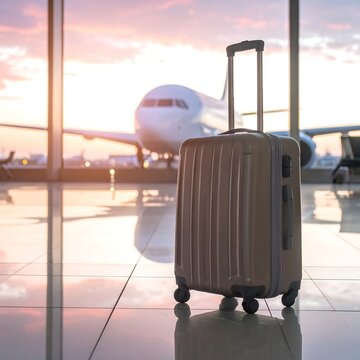 Suitcase stands in front of a large window, overlooking an airplane. Sunset colors fill the scene, suggesting travel anticipation