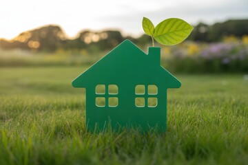 Green house icon with a sprout growing from the chimney
