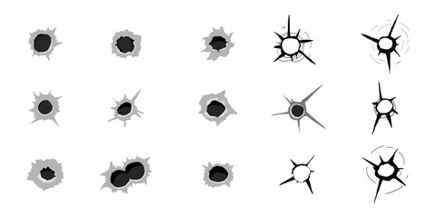 Bullet hole gun set shot weapon silhouette, impact impact marks gun, bullet hole gunshot. Damage from shoot.
