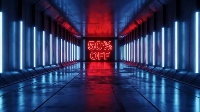 Neon 50 Off Sign in Futuristic Tunnel with Blue Lights.