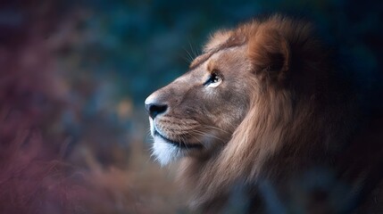 Naklejka premium Majestic lion in profile with a blurred colorful background and bokeh effect