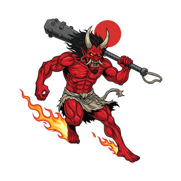 Powerful Japanese Oni Demon Running with Kanabo Club