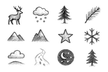 Chalk style winter icons: deer, snow, pine, mountains, and night sky elements