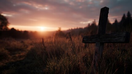 A weathered wooden cross stands in a grassy field at sunrise bathed in warm golden light evoking peace