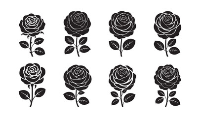Rose Flower Silhouette Collection, Black and White Botanical Vector Illustration