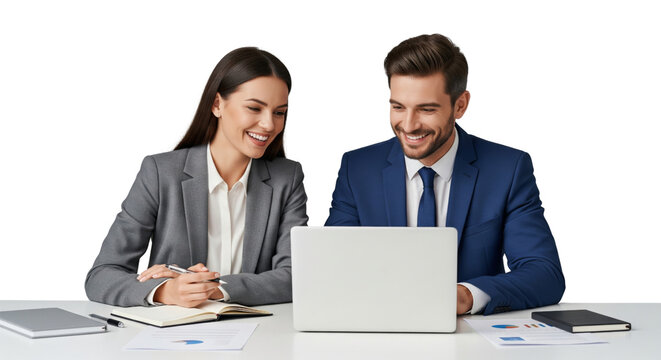Two business people working together with laptop and looking happy isolated on white or transparent background