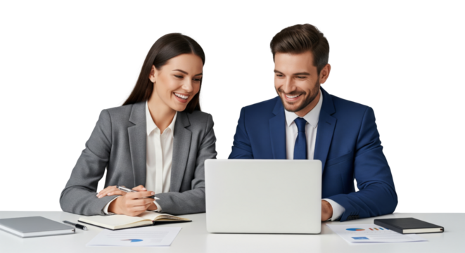 Two business people working together with laptop and looking happy isolated on white or transparent background