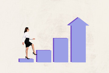 Fototapeta premium Trend full pop artwork 3d photo collage of happy businesswoman walk career ladder arrow promotion chance aim achievement success