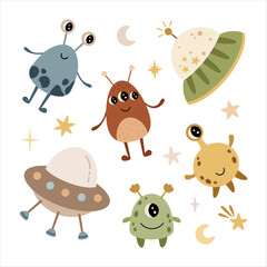 Cute cartoon alien characters and UFO flying saucers for kids space design. Adorable cosmic clipart set. Vector illustration