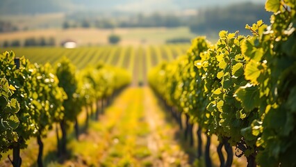 Fototapeta premium Vineyard rows stretching under natural sunlight, creating a serene and picturesque landscape.