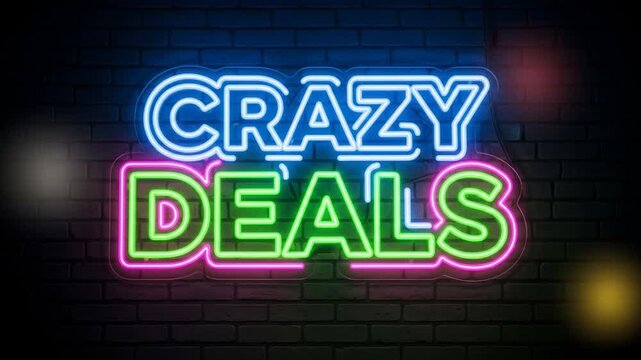 Neon Crazy Deals Sign on Brick Wall Advertising Promotions.