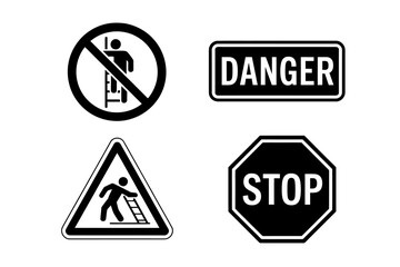 Safety Signs Collage Representing Danger Stop and Precautions Black and White Safety Signage Collection for Workplace Safety