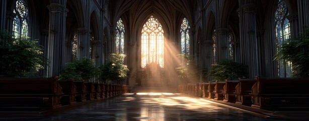 Ornate Gothic Church Interior with Tall Stained Glass Windows Bathed in Golden Sunlight Illuminating Pews and Lush Greenery