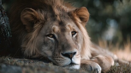 Naklejka premium Majestic male lion with a thick mane rests calmly bathed in soft natural savannah light