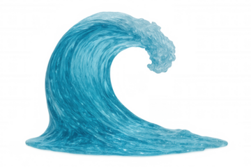 Blue ocean wave curling, water splashing, creating powerful movement, isolated on transparent background