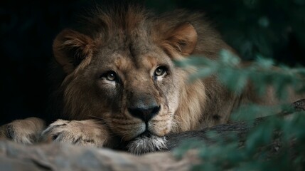 Obraz premium A majestic lion with a golden mane rests peacefully in its natural dark habitat