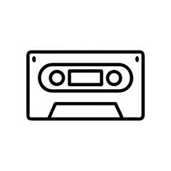 Fototapeta premium Minimalist black outline vector icon of a retro audio cassette tape, symbolizing vintage music, nostalgic entertainment, and old recording technology. Isolated on a transparent background