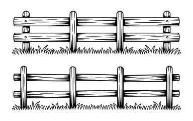 Rustic Wooden Fence Vector Illustration in Black and White for Farm and Countryside Designs with Grass Details