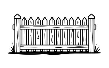 Wooden Picket Fence Illustration Simple Boundary Marker Outline Design for Garden or Home Security Conceptual Image in Black and White