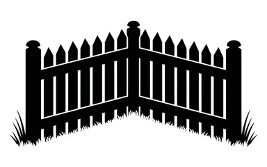 Black Silhouette of Picket Fence Corner with Grass Illustration Graphic Design Element Outdoor Border Garden Privacy Security Home and Yard Decor
