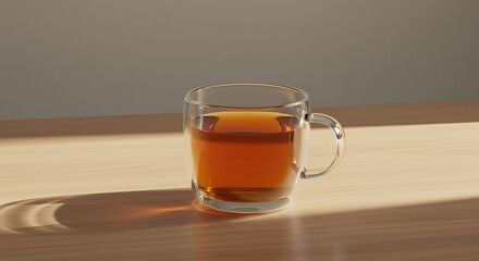 A clear glass mug filled with amber-colored tea sits on a wooden surface, bathed in warm sunlight.