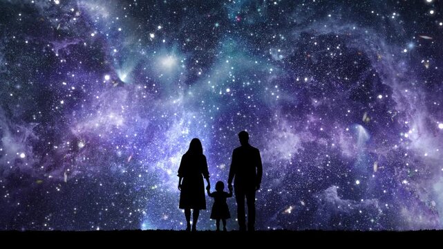Outline of a devoted family standing together beneath a luminous starry sky, representing familial bonds, boundless affection, and the timeless joy of unity. Father, mother, and young daughter, 4k.
