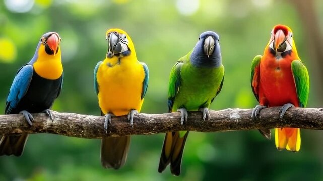 Colorful parrots perched on a branch in a tropical setting