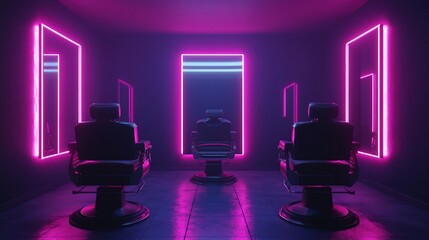 Neon-lit barbershop with three chairs and mirrors
