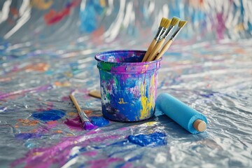 Fototapeta premium Close-up of paint bucket with brushes