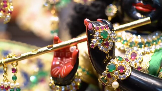Krishnas jeweled flute with closeup.