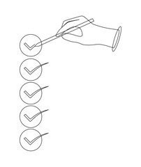 line art of a hand drawing an assessment and survey with check marks