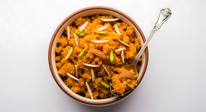 Closeup top view of a bowl of delicious moong dal halwa, a traditional indian sweet dessert, garnished with almonds and pistachios