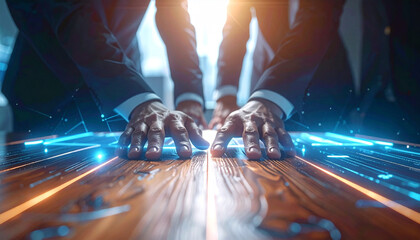 Tech Boardroom Convergence: A group of business professionals, hands on a polished wood conference table, a hub of innovation, strategy, and collaboration, highlighted by illuminated tech elements.