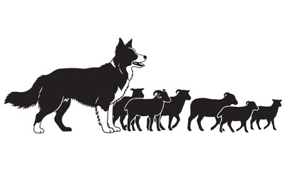Black and White Graphic Illustration of a Border Collie Dog Herding a Flock of Sheep