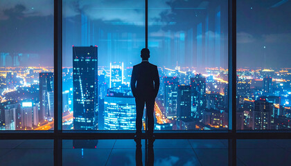 Obraz premium Visionary at Dusk: A silhouette of an executive stands before a panoramic window, gazing upon a sprawling cityscape illuminated at dusk, symbolizing leadership and foresight.
