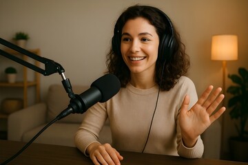 A female podcaster wearing headphones interviewing using a microphone, smiling, recording and broadcasting podcast audio in a studio. Content creator, blogger